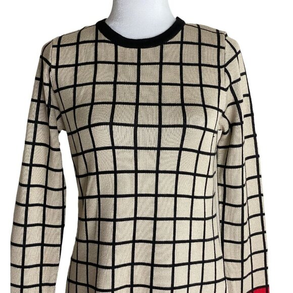 J Howard Windowpane Print Long Sleeve Sweater Dress Red Cream Black Women's Sz S - Picture 2 of 9